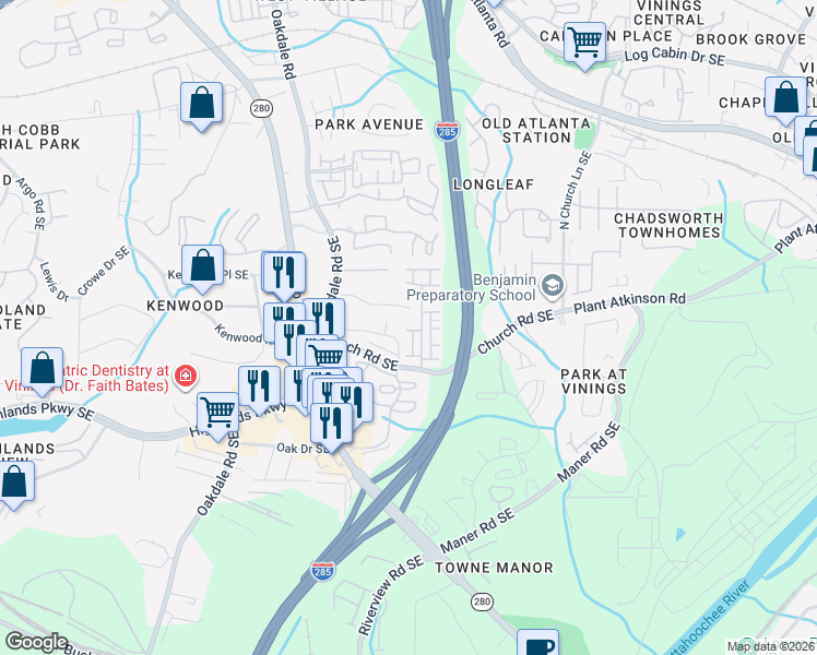 map of restaurants, bars, coffee shops, grocery stores, and more near 5020 Groover Drive in Smyrna