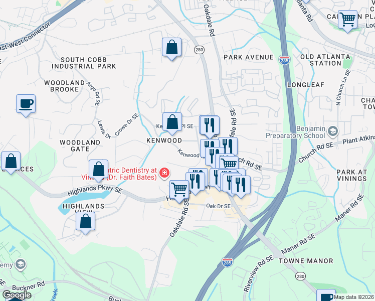 map of restaurants, bars, coffee shops, grocery stores, and more near 2037 Kenwood Road Southeast in Smyrna