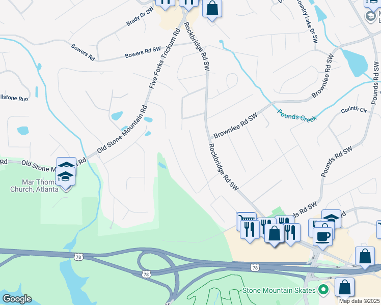 map of restaurants, bars, coffee shops, grocery stores, and more near 1551 Carlton Avenue Southwest in Stone Mountain