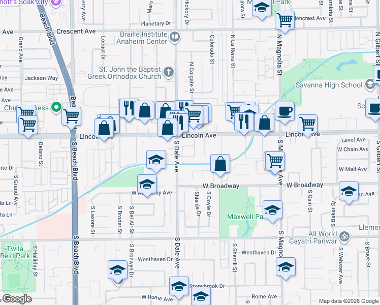 map of restaurants, bars, coffee shops, grocery stores, and more near 2770 West Lincoln Avenue in Anaheim