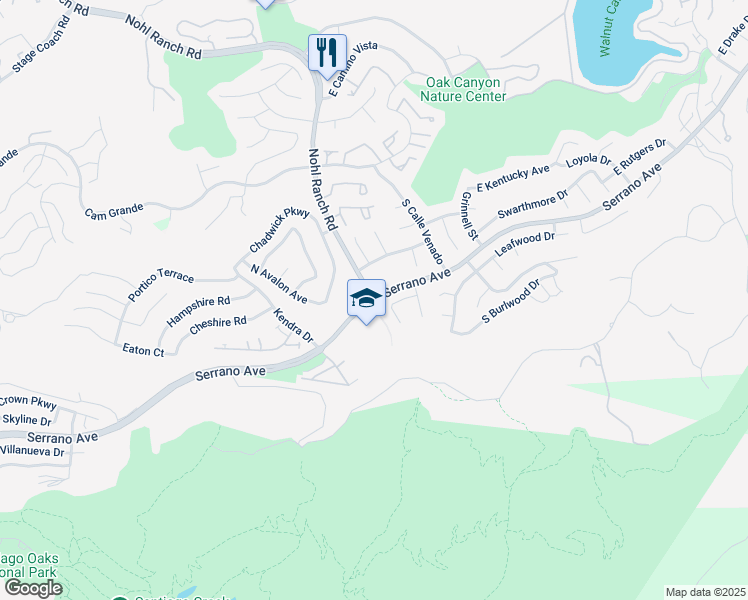 map of restaurants, bars, coffee shops, grocery stores, and more near Serrano Ave & E Nohl Ranch Rd in Anaheim
