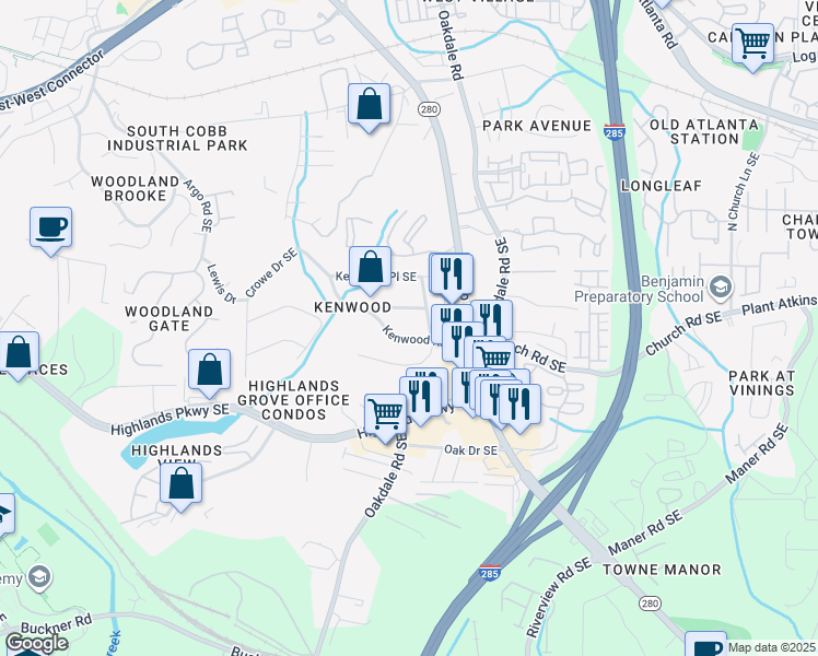 map of restaurants, bars, coffee shops, grocery stores, and more near 2037 Kenwood Road Southeast in Smyrna