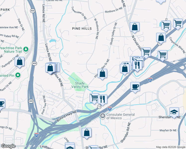 map of restaurants, bars, coffee shops, grocery stores, and more near 2790 West Roxboro Road Northeast in Atlanta