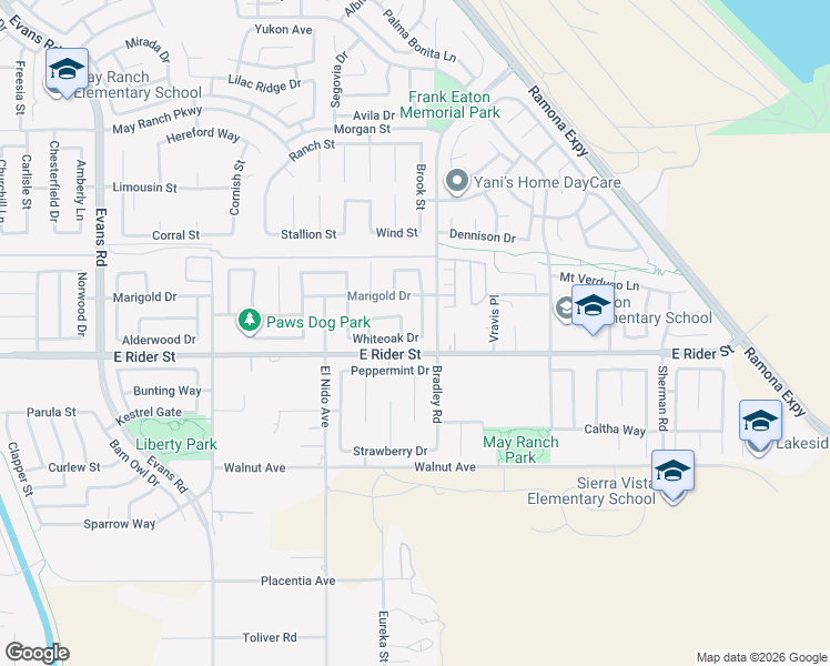 map of restaurants, bars, coffee shops, grocery stores, and more near 3224 Thistlewood Lane in Perris