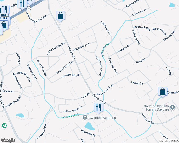 map of restaurants, bars, coffee shops, grocery stores, and more near 2654 Laurel View Drive in Snellville