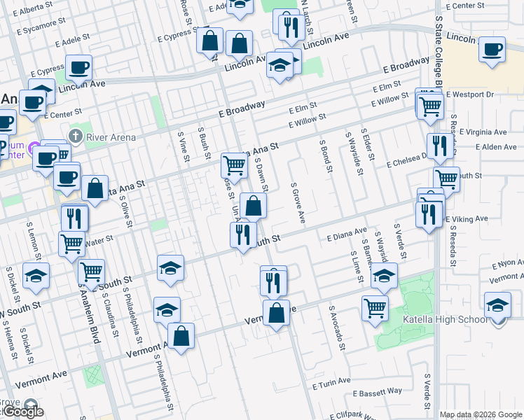 map of restaurants, bars, coffee shops, grocery stores, and more near 1209 East Crestbrook Place in Anaheim