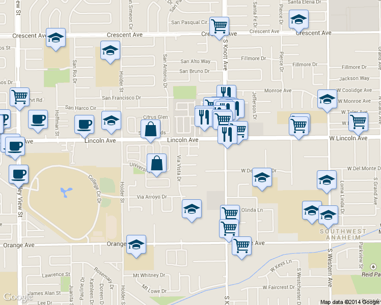 map of restaurants, bars, coffee shops, grocery stores, and more near 806 Lincoln Glen Drive in Buena Park