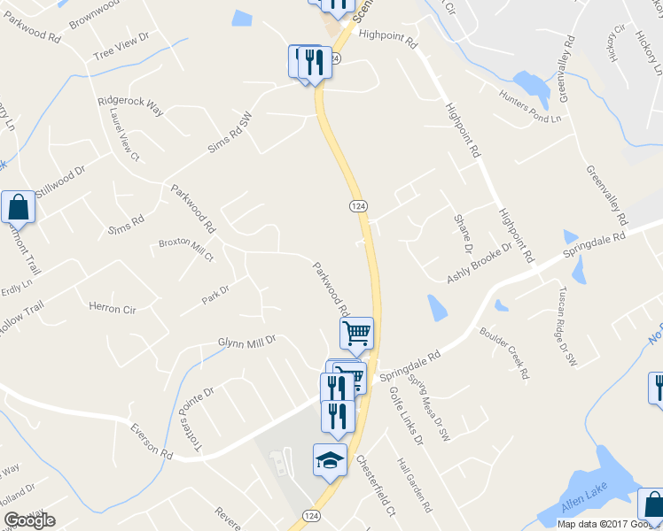 map of restaurants, bars, coffee shops, grocery stores, and more near 2874 Parkwood Road in Snellville