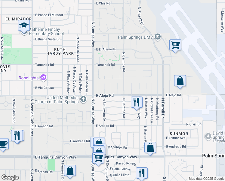 map of restaurants, bars, coffee shops, grocery stores, and more near 544 North Tercero Circle in Palm Springs
