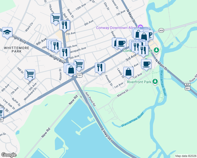 map of restaurants, bars, coffee shops, grocery stores, and more near 1511 3rd Avenue in Conway