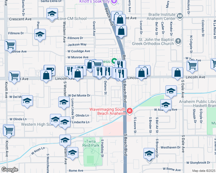 map of restaurants, bars, coffee shops, grocery stores, and more near 118 Delano Street in Anaheim