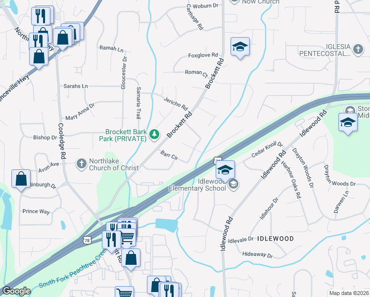 map of restaurants, bars, coffee shops, grocery stores, and more near 3967 Franks Court in Tucker