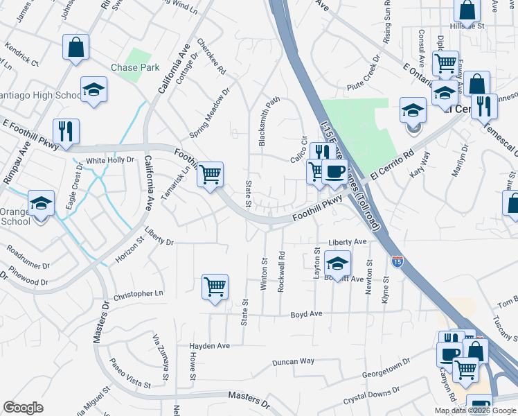 map of restaurants, bars, coffee shops, grocery stores, and more near 2932 Villa Catalonia Court in Corona