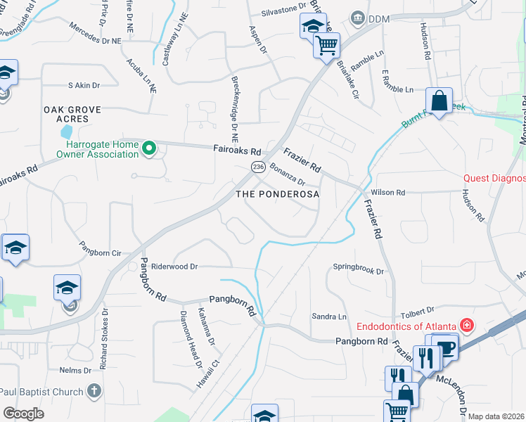 map of restaurants, bars, coffee shops, grocery stores, and more near 2820 Ponderosa Circle in Decatur