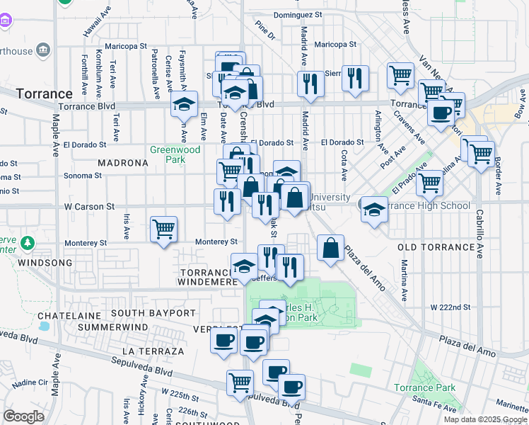 map of restaurants, bars, coffee shops, grocery stores, and more near 2440 West Carson Street in Torrance
