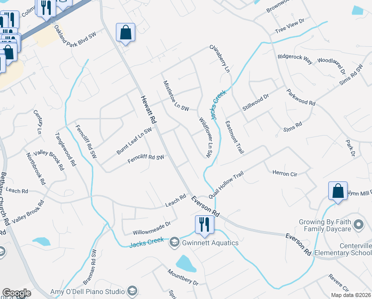 map of restaurants, bars, coffee shops, grocery stores, and more near 2654 Laurel View Drive in Snellville