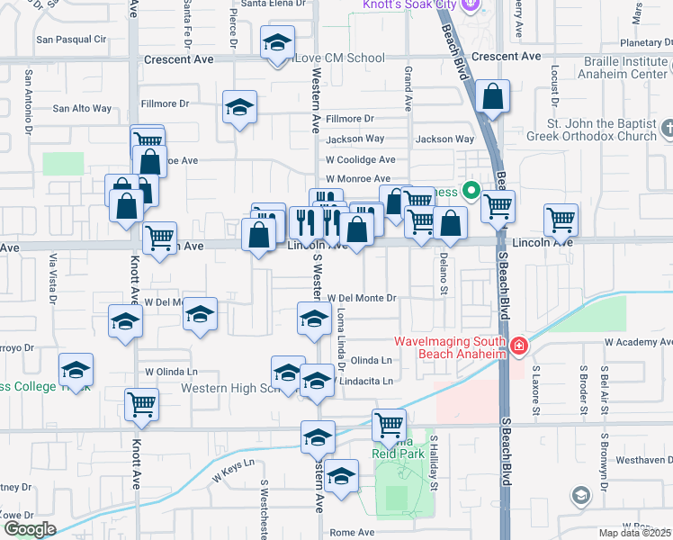 map of restaurants, bars, coffee shops, grocery stores, and more near 3170 West Lincoln Avenue in Anaheim