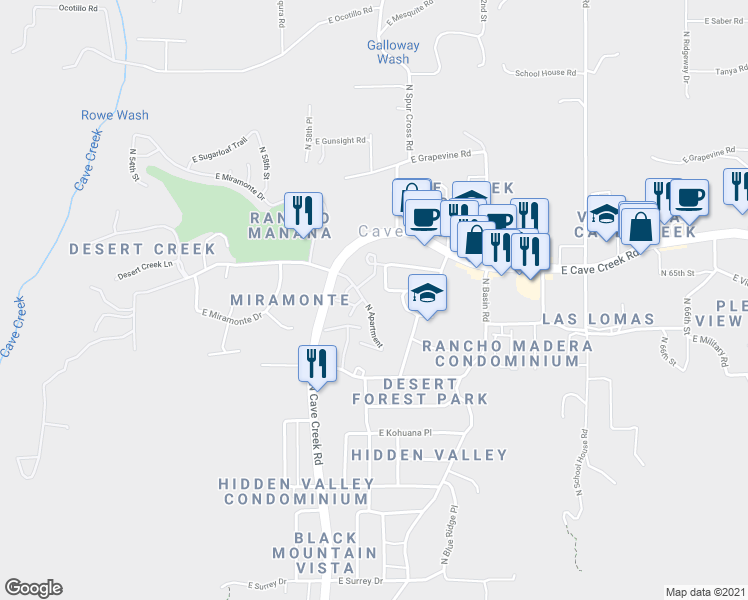 map of restaurants, bars, coffee shops, grocery stores, and more near 6028 East Rancho Manana Boulevard in Cave Creek