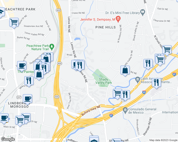 map of restaurants, bars, coffee shops, grocery stores, and more near 9 Brittany Way Northeast in Atlanta