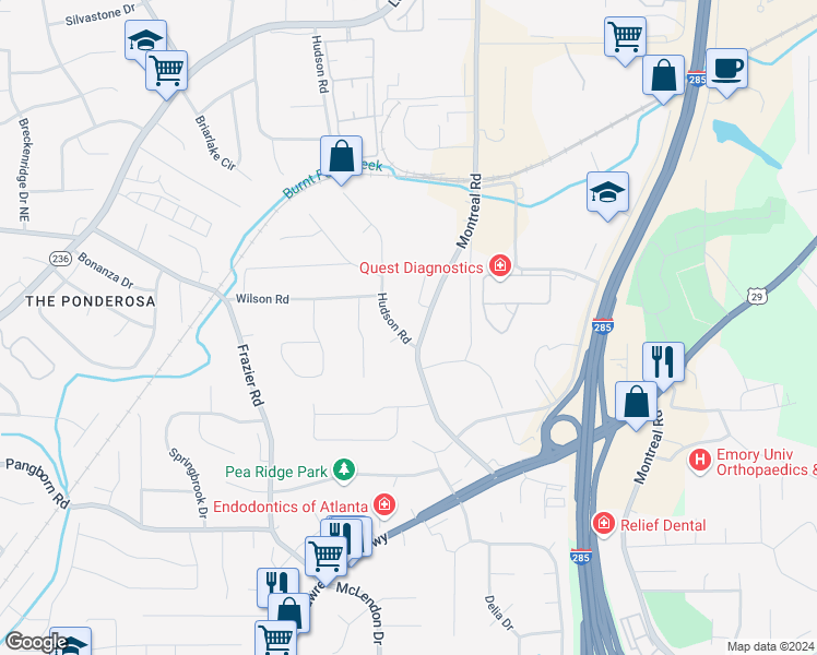 map of restaurants, bars, coffee shops, grocery stores, and more near 1639 Hudson Road in Decatur