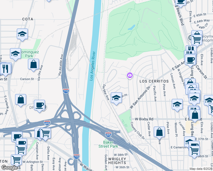 map of restaurants, bars, coffee shops, grocery stores, and more near 4082 Del Mar Avenue in Long Beach