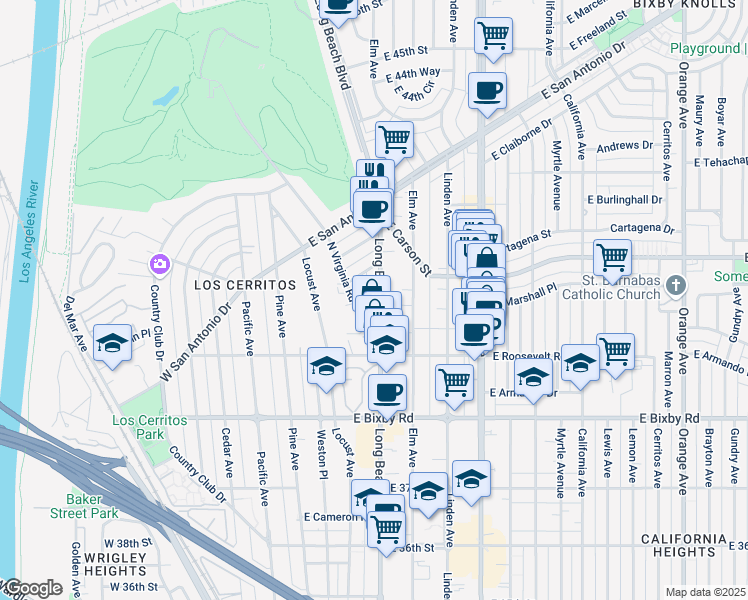 map of restaurants, bars, coffee shops, grocery stores, and more near 4001 Long Beach Boulevard in Long Beach