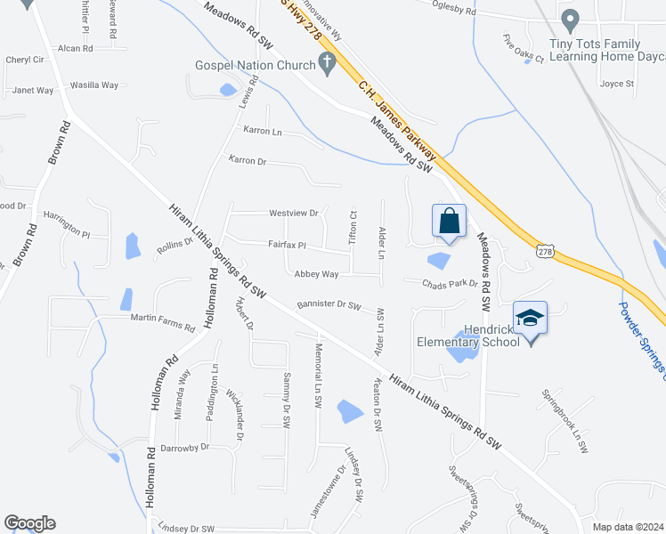 map of restaurants, bars, coffee shops, grocery stores, and more near 4470 Abbey Way in Powder Springs