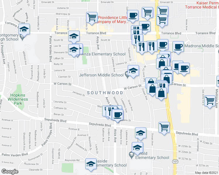 map of restaurants, bars, coffee shops, grocery stores, and more near 21725 Marjorie Avenue in Torrance