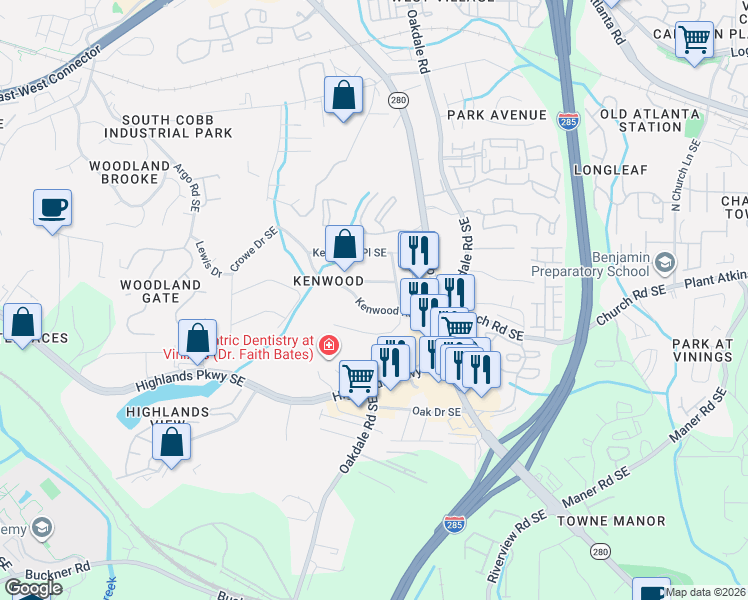 map of restaurants, bars, coffee shops, grocery stores, and more near 2037 Kenwood Road Southeast in Smyrna