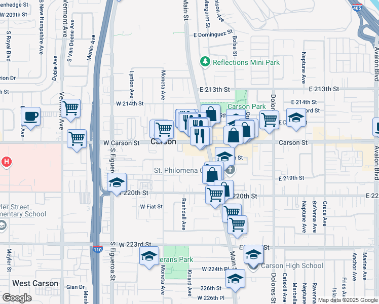 map of restaurants, bars, coffee shops, grocery stores, and more near 150 West Carson Street in Carson