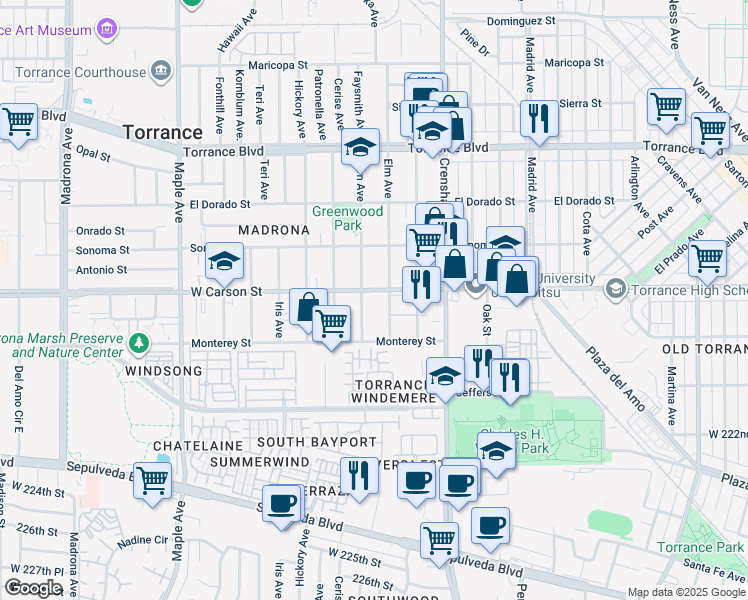 map of restaurants, bars, coffee shops, grocery stores, and more near 2620 West Carson Street in Torrance