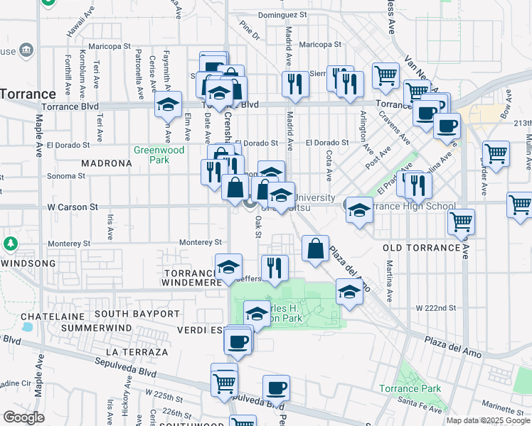 map of restaurants, bars, coffee shops, grocery stores, and more near 2400 West Carson Street in Torrance