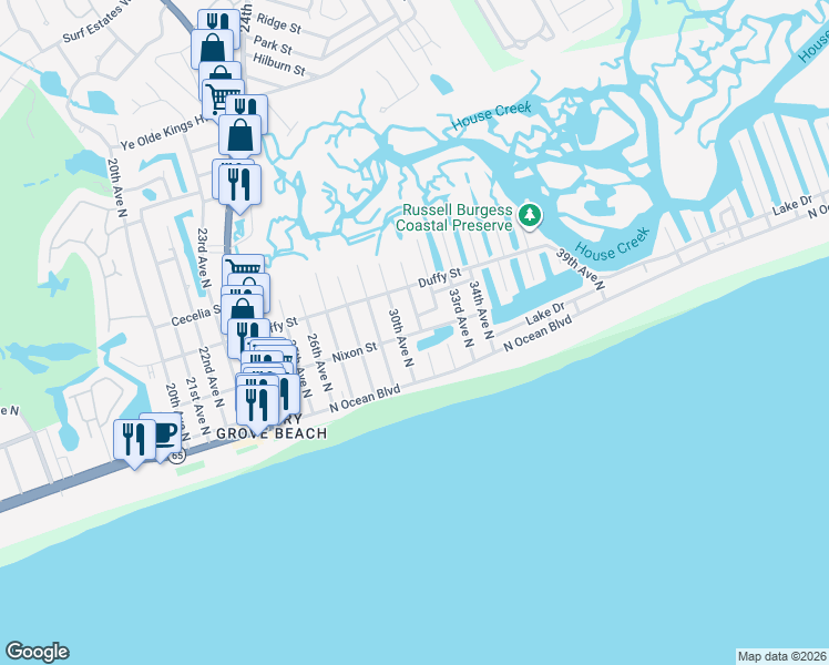 map of restaurants, bars, coffee shops, grocery stores, and more near 3009 Nixon Street in North Myrtle Beach