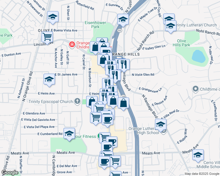 map of restaurants, bars, coffee shops, grocery stores, and more near 2535 N Tustin St in Orange