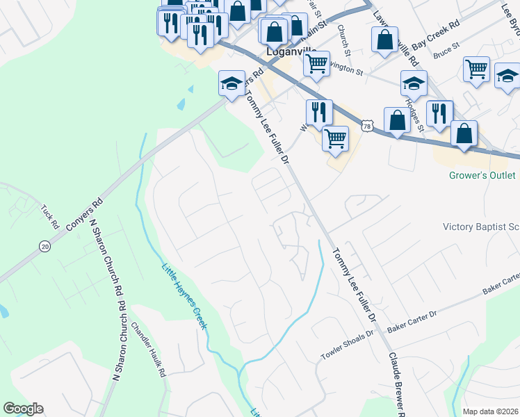 map of restaurants, bars, coffee shops, grocery stores, and more near 904 Village View Circle in Loganville