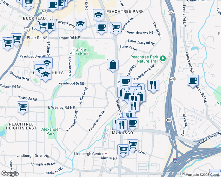 map of restaurants, bars, coffee shops, grocery stores, and more near 573 E Wesley Rd NE in Atlanta