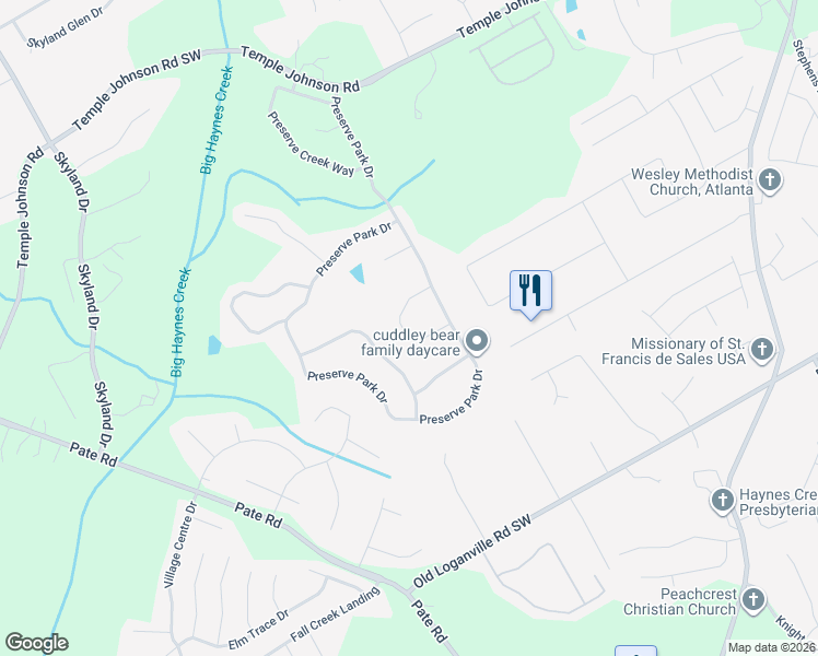 map of restaurants, bars, coffee shops, grocery stores, and more near 1916 Temple Park Drive Southwest in Loganville