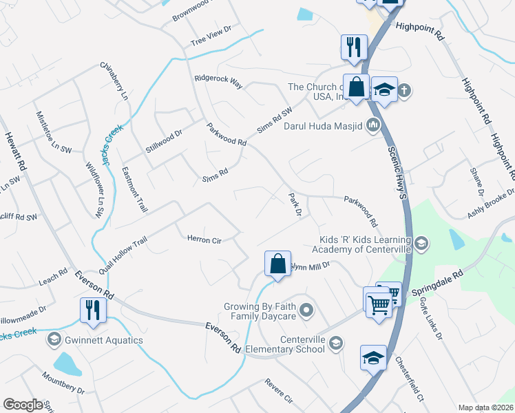 map of restaurants, bars, coffee shops, grocery stores, and more near 3445 Broxton Mill Way in Snellville