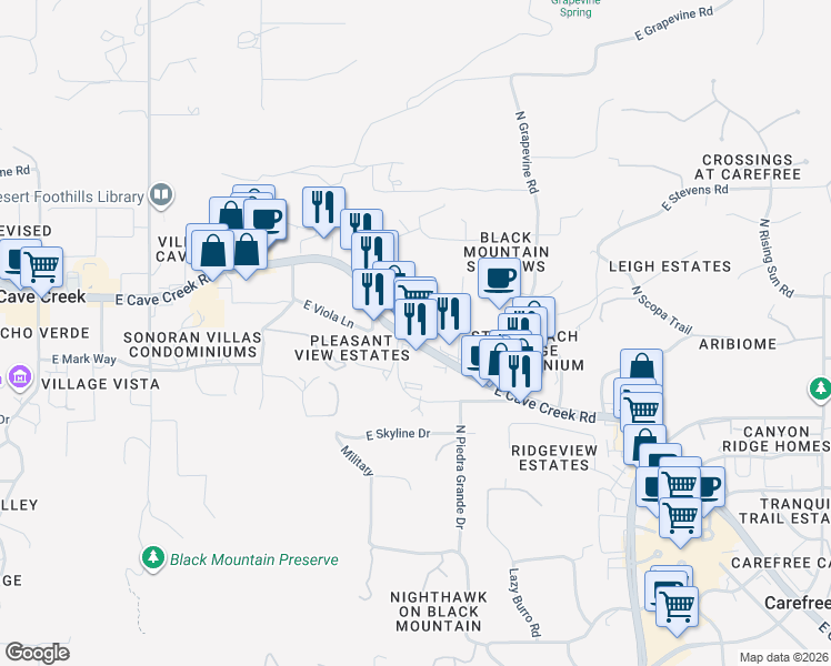 map of restaurants, bars, coffee shops, grocery stores, and more near 6900 East Cave Creek Road in Cave Creek