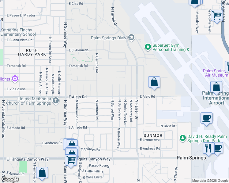 map of restaurants, bars, coffee shops, grocery stores, and more near 516 North Sunset Way in Palm Springs
