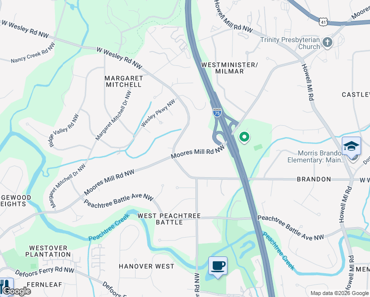 map of restaurants, bars, coffee shops, grocery stores, and more near 1307 Moores Mill Road Northwest in Atlanta