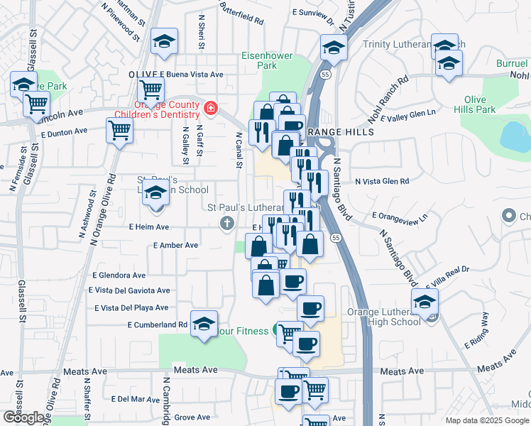 map of restaurants, bars, coffee shops, grocery stores, and more near 2525 North Bourbon Street in Orange