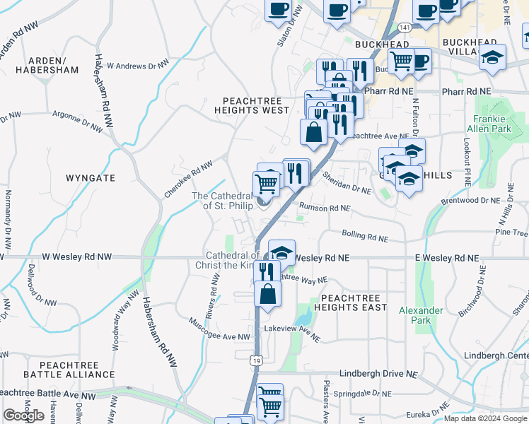 map of restaurants, bars, coffee shops, grocery stores, and more near 2744 Peachtree Road in Atlanta
