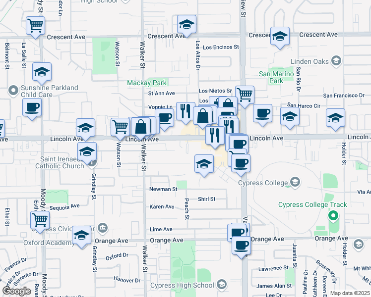 map of restaurants, bars, coffee shops, grocery stores, and more near 5692 Lincoln Avenue in Cypress