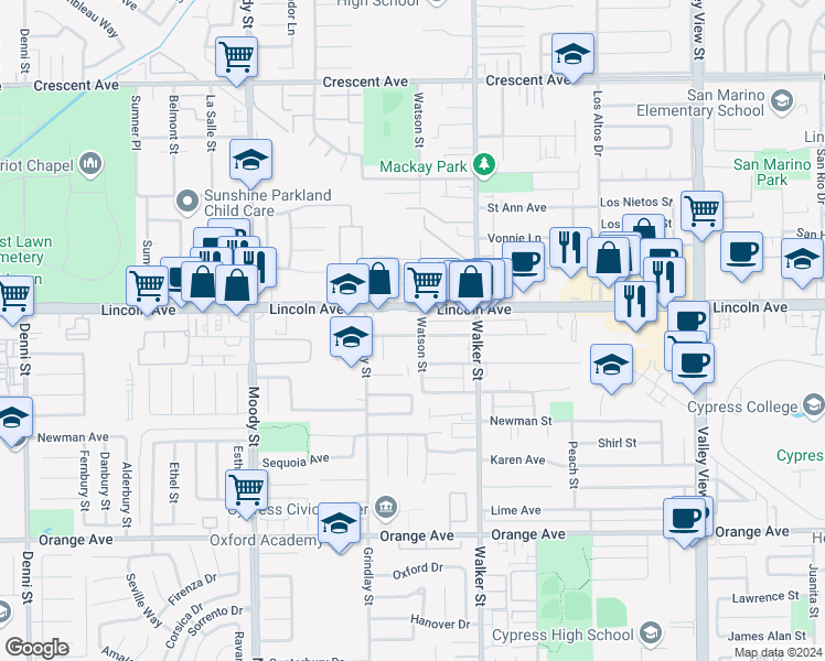 map of restaurants, bars, coffee shops, grocery stores, and more near 5341 Bishop Street in Cypress