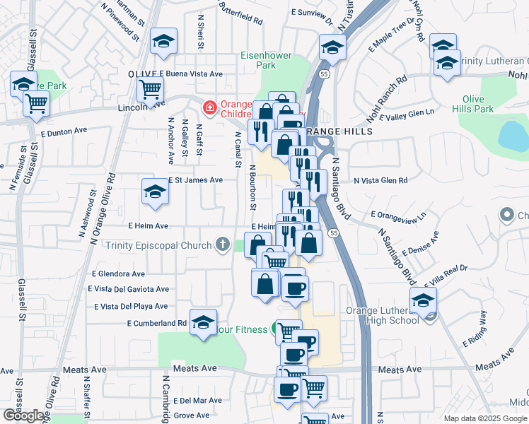 map of restaurants, bars, coffee shops, grocery stores, and more near 2525 North Bourbon Street in Orange