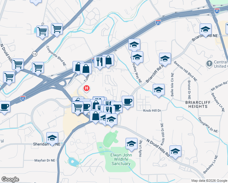 map of restaurants, bars, coffee shops, grocery stores, and more near 1647 Executive Park Lane Northeast in Atlanta