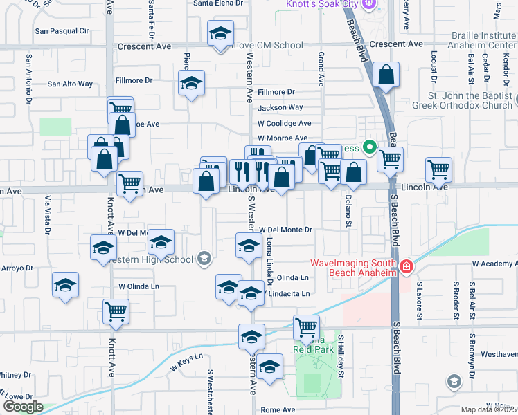 map of restaurants, bars, coffee shops, grocery stores, and more near 106 South Western Avenue in Anaheim