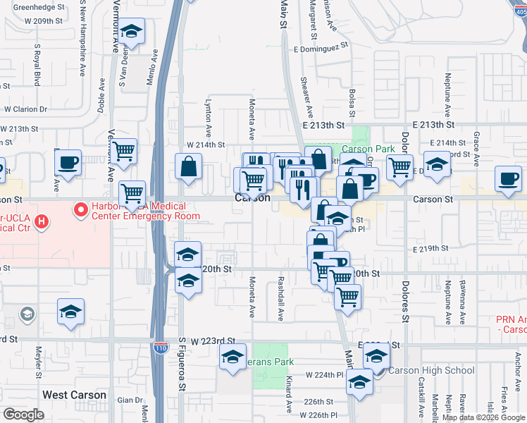 map of restaurants, bars, coffee shops, grocery stores, and more near 228 West Carson Street in Carson