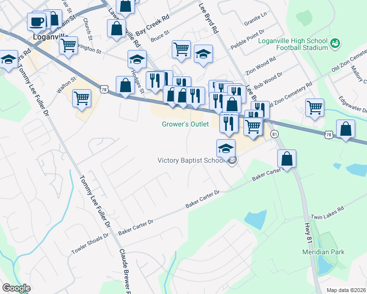 map of restaurants, bars, coffee shops, grocery stores, and more near 241 Cown Drive in Loganville